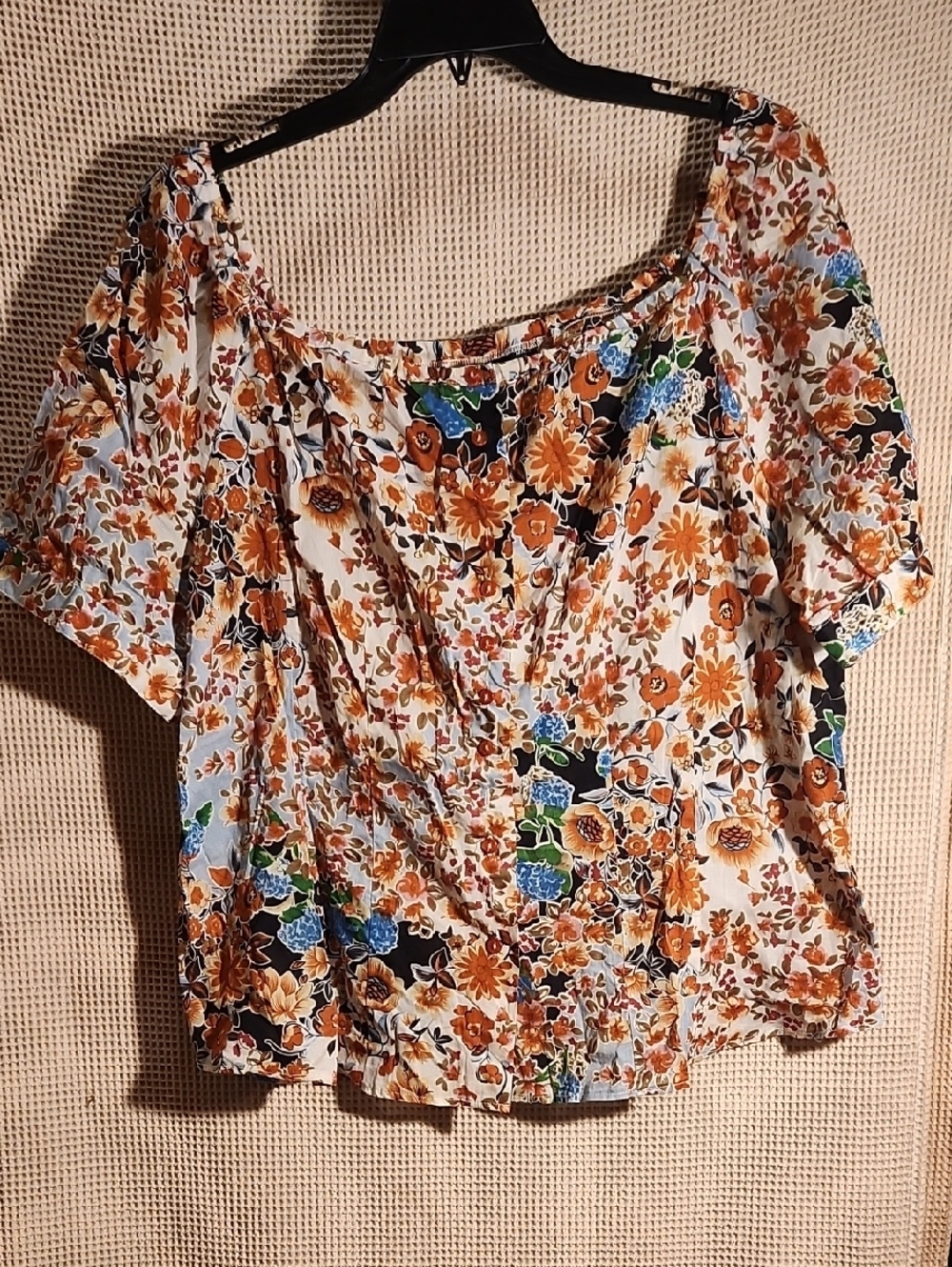 Floral Short-Sleeve Peasant Top — White with Orange & Blue Floral Print
